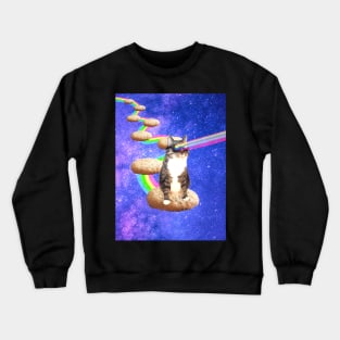 Cute tabby cat in space shooting rainbows from the sunglasses Crewneck Sweatshirt